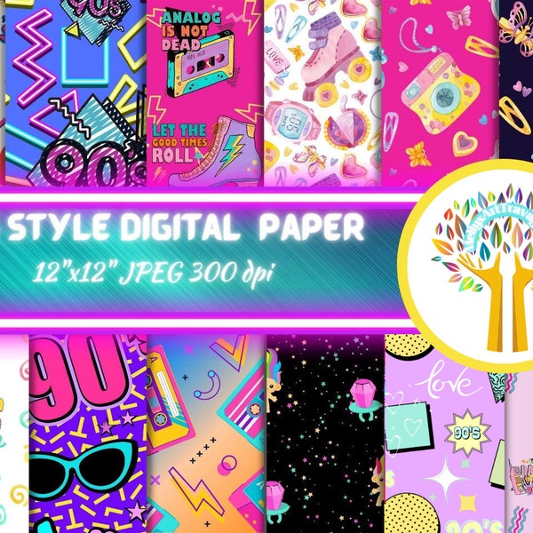 90s Style Digital Paper Pack-12"x 12" INSTANT DOWNLOAD-Digital Prints-12 90s Pattern Designs- Commercial Use