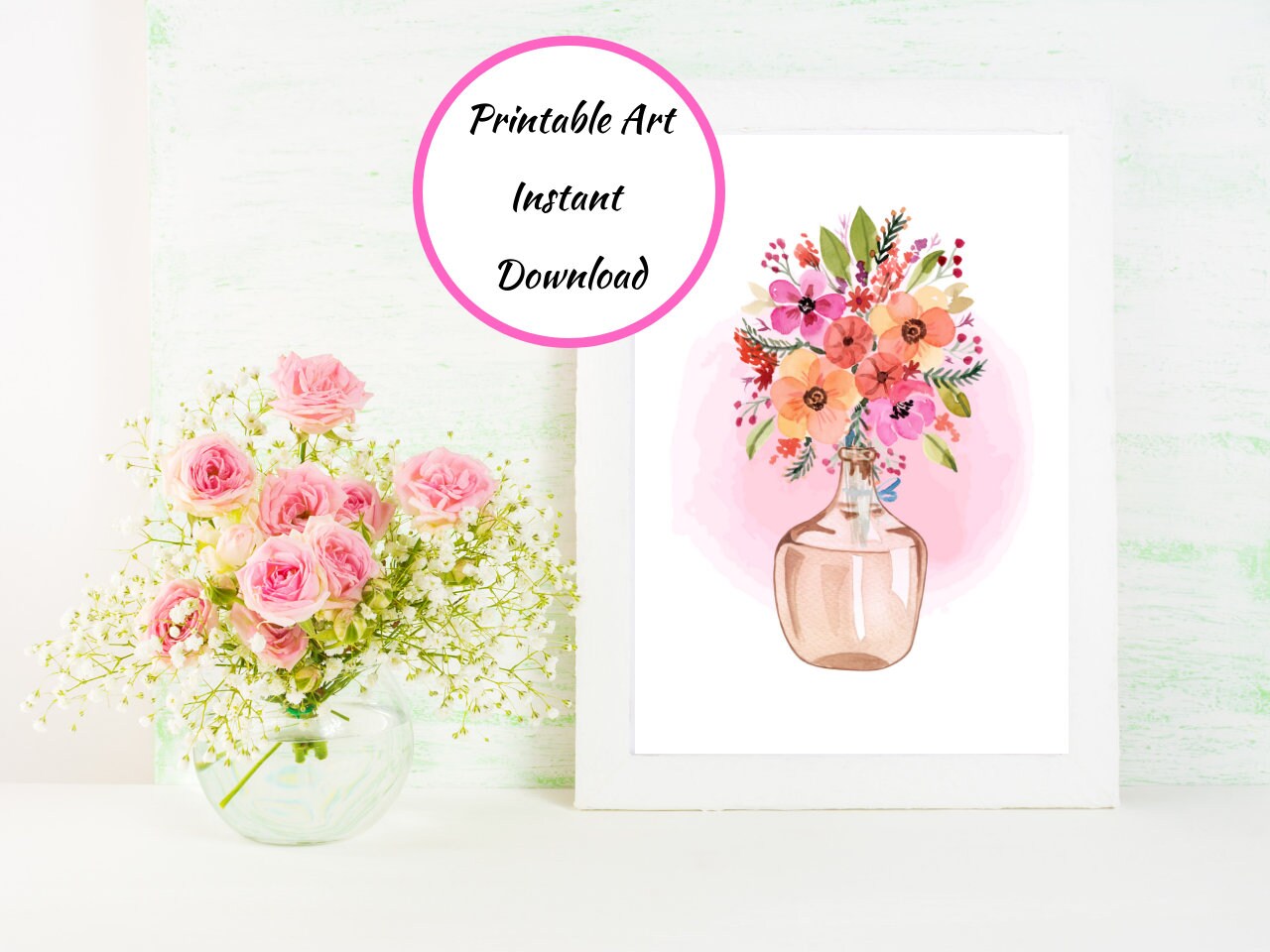 Printable Beautiful Watercolor Flowers in Elegant Vase Wall Art for ...