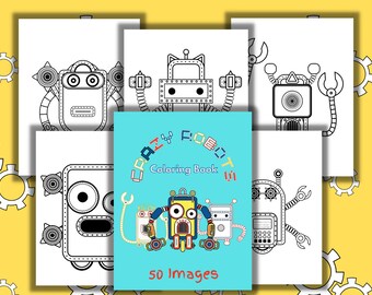 Pode incluir: Uma pilha de páginas de um livro de colorir com ilustrações de robôs. A capa do livro é azul claro e traz as palavras "Crazy Robot Coloring Book" e "50 Images". As ilustrações de robôs são em preto e branco.