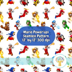 May include: A seamless pattern featuring various Mario power-ups, including a cat suit, a frog suit, a raccoon suit, a penguin suit, a propeller cap, and a fire flower. The pattern is on a white background and is 12 inches by 12 inches at 300 dpi.