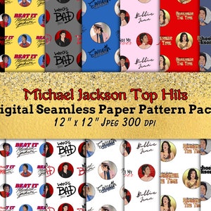 May include: A digital paper pattern pack featuring Michael Jackson's top hits. The pack includes 10 different patterns, each with a different song title and image. The patterns are 12 inches by 12 inches and are 300 DPI.