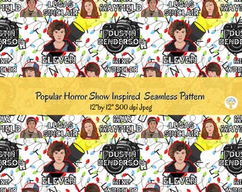 May include: A seamless pattern featuring characters and elements from a popular horror show. The design includes portraits of characters, a camera, and string lights on a white background. The text "Popular Horror Show Inspired Seamless Pattern" is also present.