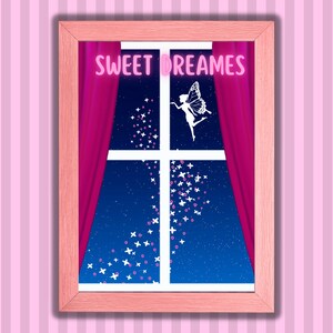 Magical Fairy Outside of Bedroom Window With Sweet Dreams Fonts Printable Wall Art Digital Instant Download Home Decor Girls Bedroom Decor