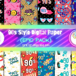 May include: A set of 12 digital papers in a 90s style, featuring diverse patterns and graphics. Designs include the text "90s", smiley faces, lips, and lightning bolts. Each paper measures 30.48 cm x 30.48 cm and has a resolution of 300 DPI.