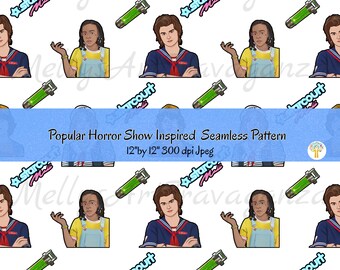 May include: Seamless pattern featuring cartoon illustrations of characters and objects from a popular horror show. The design includes images of characters, green vials, and the text "starcourt mall". The pattern is 12 inches by 12 inches.