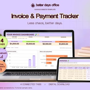 Puede incluir: Una plantilla digital de Google Sheets para el seguimiento de facturas y pagos mostrada en una pantalla de portátil y tableta. La interfaz incluye un panel con datos financieros, gráficos de barras y una lista de facturas detallada.