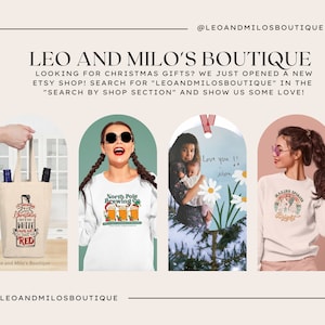 May include: A collage of three images showcasing items available in an Etsy shop. The first image shows a white tote bag with a Christmas-themed design and the text "It's a Christmas Miracle with the Fred Wine." The second image shows a white long-sleeve shirt with a graphic of a beer bottle and the text "North Pole Brewing Co." The third image shows a white long-sleeve shirt with a graphic of a snowman and the text "Making Spirits Bright."