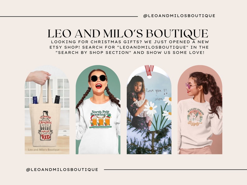 May include: A collage of three images showcasing items available in an Etsy shop. The first image shows a white tote bag with a Christmas-themed design and the text "It's a Christmas Miracle with the Fred Wine." The second image shows a white long-sleeve shirt with a graphic of a beer bottle and the text "North Pole Brewing Co." The third image shows a white long-sleeve shirt with a graphic of a snowman and the text "Making Spirits Bright."