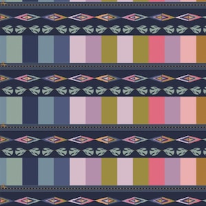 May include: A repeating pattern with horizontal bands of color and decorative elements. The bands feature alternating vertical stripes in shades of blue, pink, green, and gold. The design includes diamond and leaf motifs in a symmetrical arrangement.