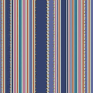 May include: A colorful striped pattern featuring vertical lines in shades of blue, pink, teal, orange, and beige. The design includes a series of vertical, gold-colored stitches running along the length of the pattern, creating a textured effect.