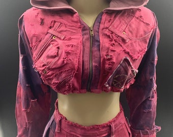 Patchwork Denim Crop Bomber Jacket