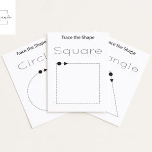 May include: Three white cards with the text "Trace the Shape" and shape names: Circle, Square, and Angle. Each card features a dotted outline of the shape for tracing practice. The upper left corner has the text "Valerie's DIGITAL".