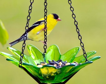 Comedero colgante para pájaros Daisy Petite - Decoración de jardín de vidrio y metal reciclado - Regalo único para amantes de las aves - Pequeño bebedero para pájaros con flores