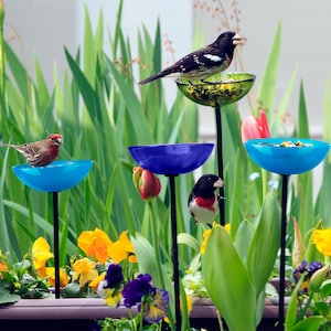 Poppy Stake Bird Feeder – Glass and Metal Garden Stake, Bird Bath & Outdoor Decor for Songbirds