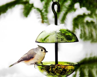 May include: A hanging bird feeder featuring two translucent green glass bowls stacked vertically on a black metal rod. The top bowl acts as a cover with a dusting of white snow, while the bottom bowl contains birdseed. A small gray bird with a crest perches on the edge of the lower bowl.
