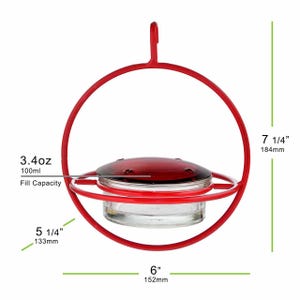 Red Hummingbird Feeder with the dimensions and capacity.