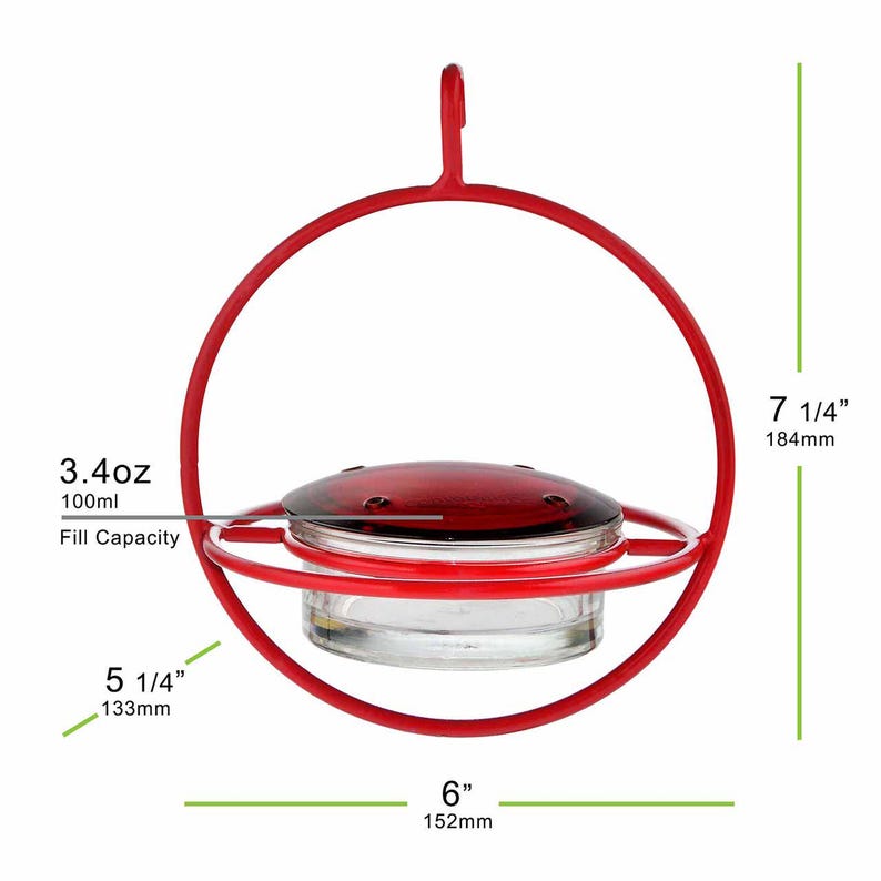 Red Hummingbird Feeder with the dimensions and capacity.