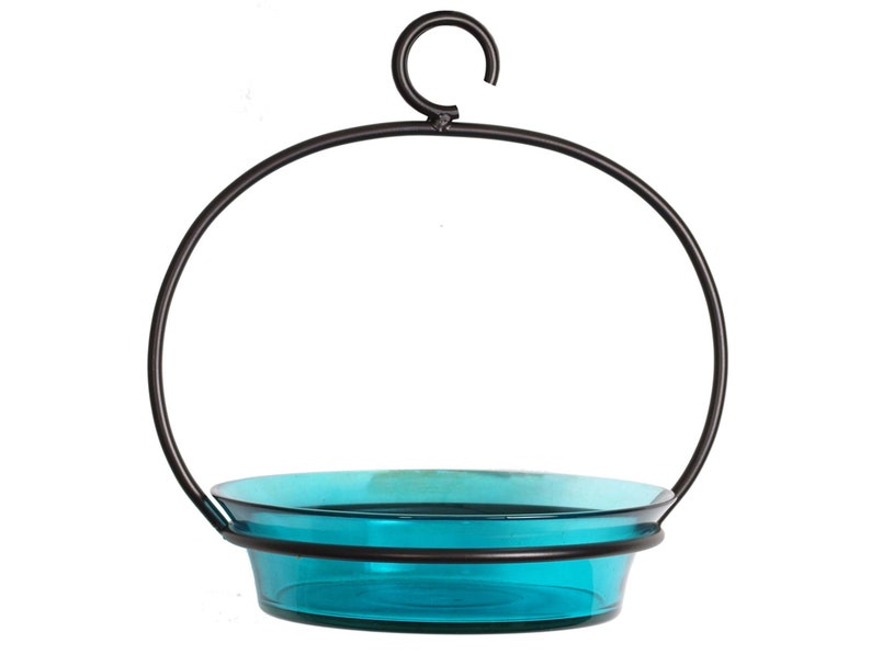 The Cuban Hanging Feeder in aqua against a white background.