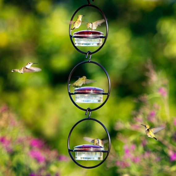 Set of 3 Recycled Glass Hummingbird Feeders, Bee Proof Hanging Nectar Feeder