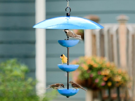 Triple Poppy Bird Feeder with Baffle – Weather Resistant Hanging Feeder, Outdoor Garden Accessory for Songbirds and Yard Accent