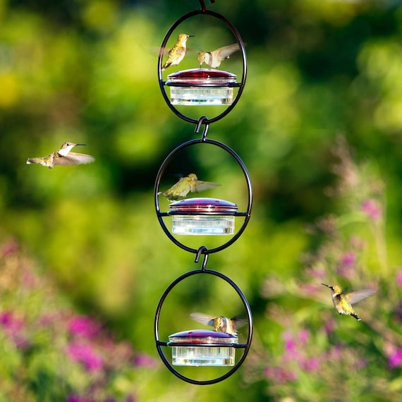 Set of 3 Recycled Glass Hummingbird Feeders, Bee Proof Hanging Nectar Feeder