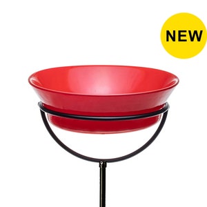 New color! The Cuban Stake Bird Bath in Ruby Red against a white background.