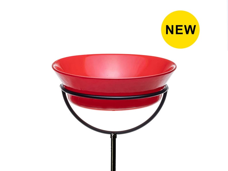 New color! The Cuban Stake Bird Bath in Ruby Red against a white background.