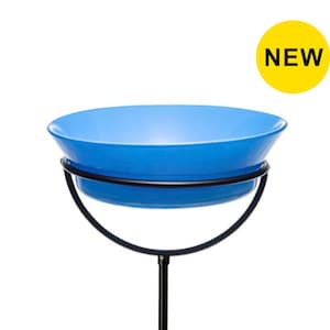 New color! The Cuban Stake Bird Bath in Bluebird Blue against a white background.