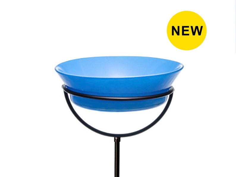 New color! The Cuban Stake Bird Bath in Bluebird Blue against a white background.