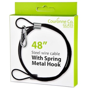 May include: A 48-inch black steel wire cable with a spring metal hook. The cable is packaged in a white box with green trim and the text "Couronne Co. GLASS MANUFACTURER".