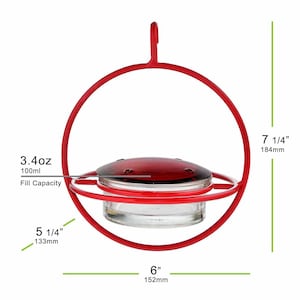 Red Hummingbird Feeder with the dimensions and capacity.