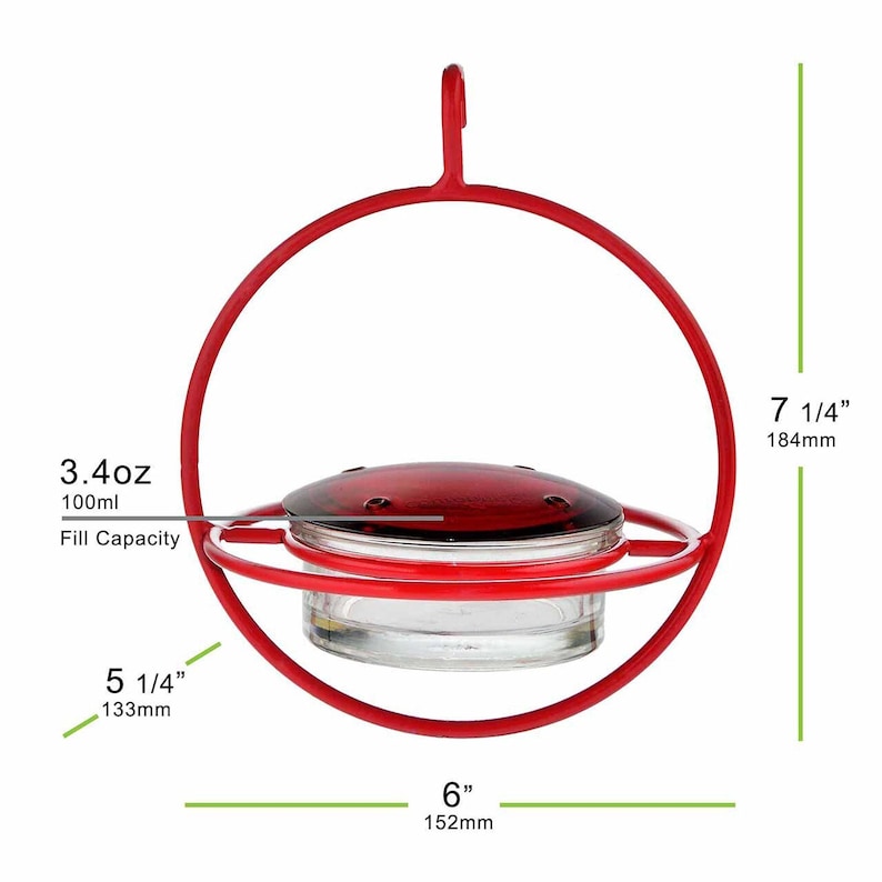 Red Hummingbird Feeder with the dimensions and capacity.
