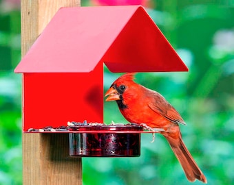 May include: A bright red bird feeder with a house-like roof, mounted on a wooden post. A vibrant red cardinal perches on the feeder, eating seeds. The feeder has a clear, round dish for birdseed, set against a blurred green background.