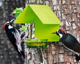 Cottage Green Feeder | Metal & Colored Glass Bird Feeder for Fence or Post