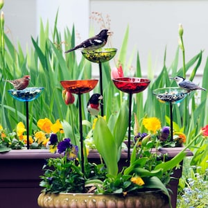 Poppy Stake Bird Feeder | Bird Bath & Hummingbird Glass Feeder for Garden Decor, A Unique Outdoor Gift for Her and Bird Lovers