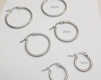 1Pair of 316L Surgical Steel Round Hoop Earrings, 11mm, 15mm, 20mm, 25mm, Hypoallergenic earrings for sensitive ears