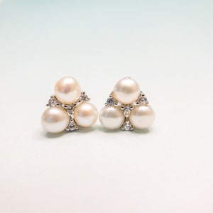 Genuine Freshwater Pearl and Clear CZ Stud, Pearl triangle stud earrings, Dainty stud earrings, Sterling Silver