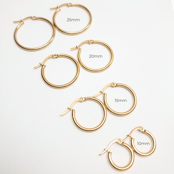 1Pair of Gold IP 316L Surgical Steel Round Hoop Earrings, 10mm, 15mm, 20mm, 25mm, Hypoallergenic earrings for sensitive ears