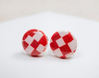 Red Check board Polymer Clay Stud Earrings / Simple Earrings / 10mm Stud Earrings / Gift for Her