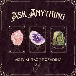 May include: A vintage-style poster with the text "Ask Anything" and "Virtual Tarot Reading". The poster features three watercolor illustrations of crystals: a pink crystal, a purple crystal, and a green crystal.