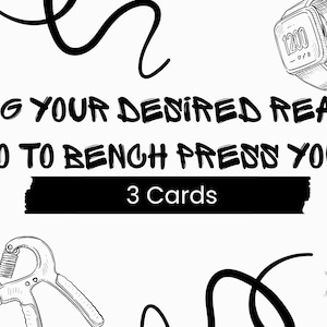 Peut inclure: Illustration en noir et blanc avec des équipements de fitness et du texte. Le texte dit "Asking Your Desired Reality So to Bench Press You" et "3 Cards". Comprend une montre connectée, un casque et une corde à sauter.