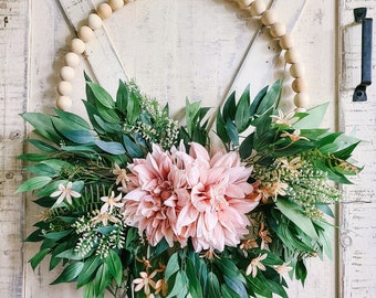 Hoop Wreath for Front Door, Wood Bead Wreath, Modern Farmhouse Wreaths,  Summer Wreath, Pink Dahlia Wreath, Boho Wreath for Front Door,