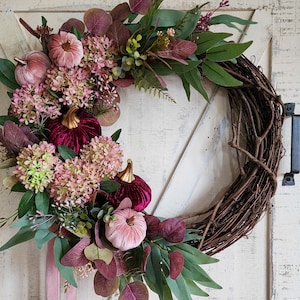Pink Fall Hydrangea Wreath With Velvet Pumpkins For Front Door, Fall Plum And Mauve Wreath, Fall Wreath With Flowers And Velvet Pumpkins