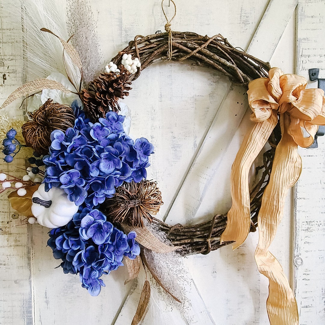 Blue Autumn Wreath for Front Door With Pumpkins and Pampas Grass, Blue ...