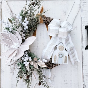 Elegant Christmas Wreath with Church in White and Gold for Front Door, Xmas wreaths and Decor, Winter Neutral Church Wreath, Winter Wreath
