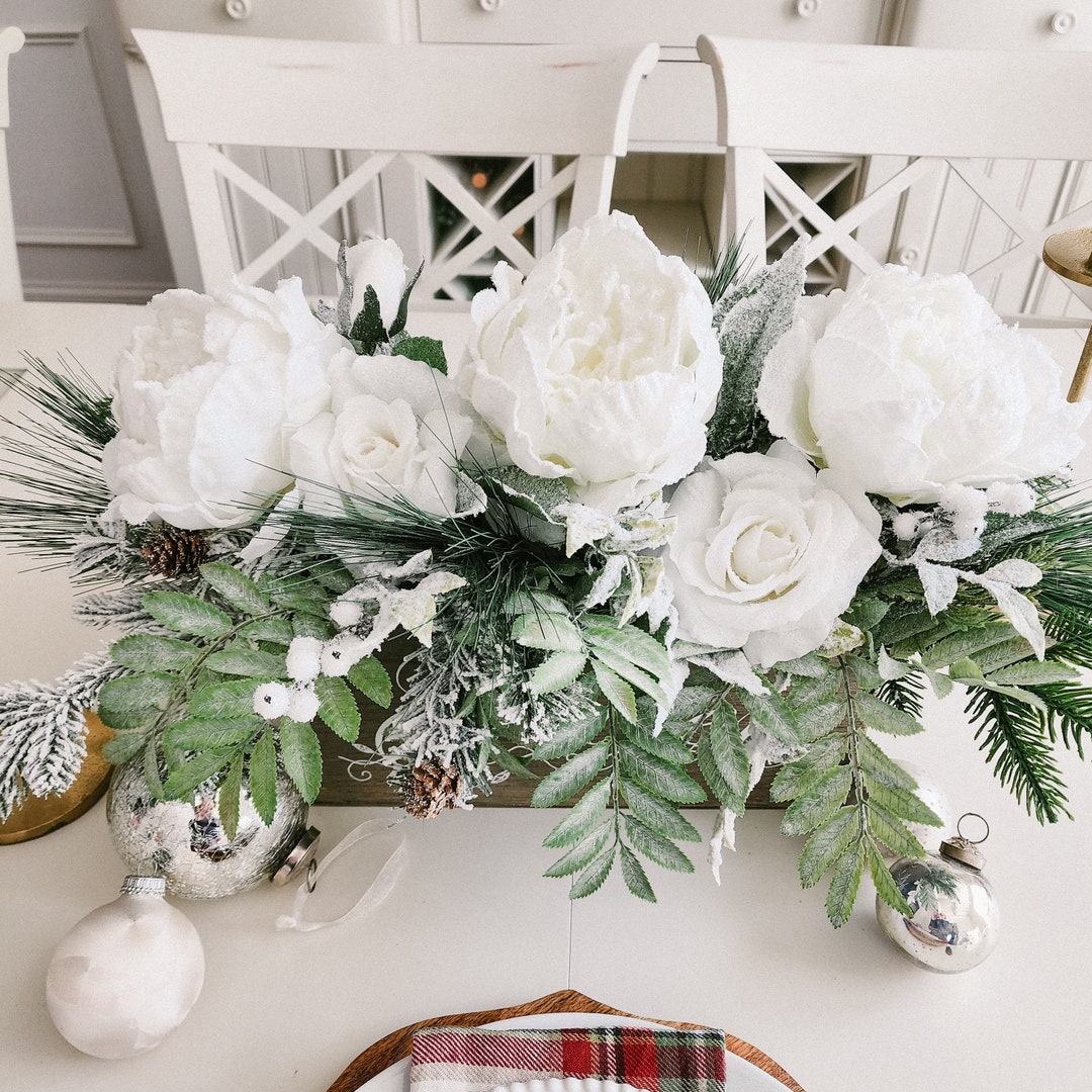 Elegant Christmas Centerpiece for Table in White With Peonies and Roses