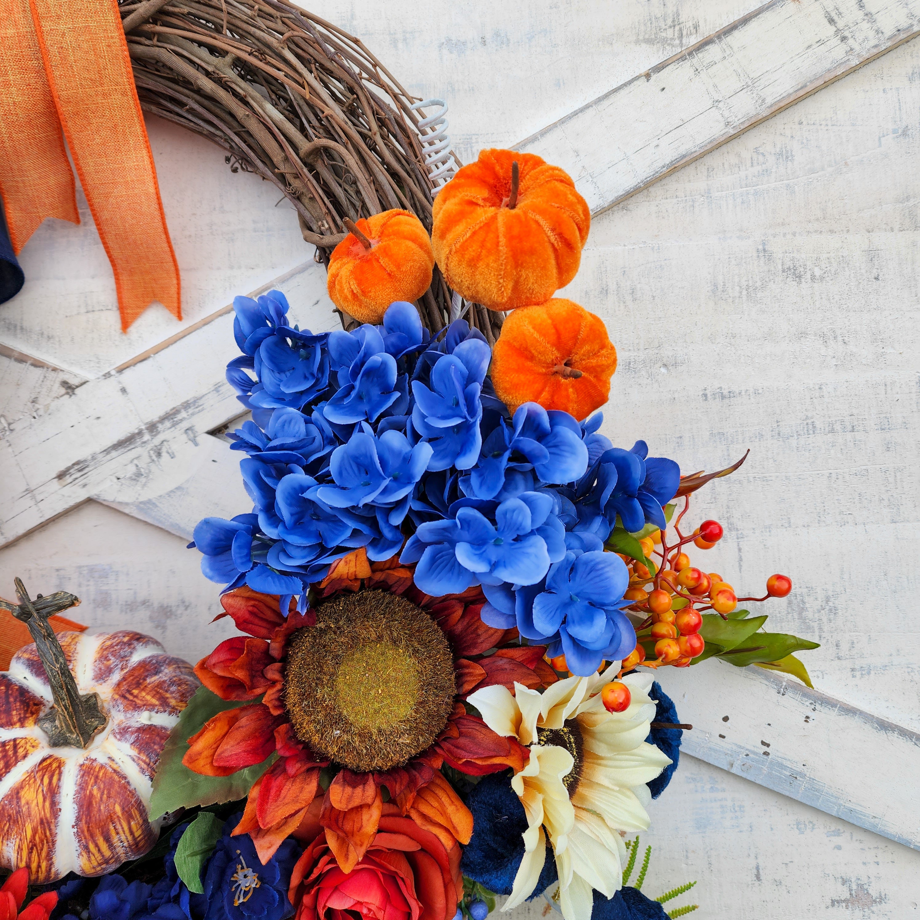 Navy Blue and Orange Wreaths for Front Door With Velvet Pumpkins and ...