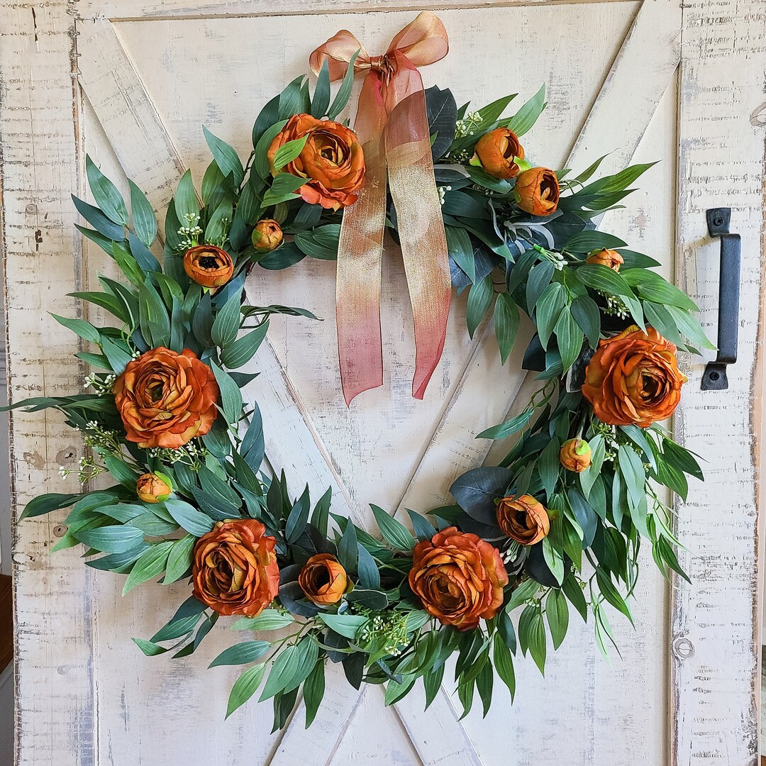Full Eucalyptus Wreath With Ribbon and Ranunculus for Front Door, Burnt ...