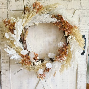Neutral Fall Boho Style Wreath For Front Door, Artificial Fall Wheat Grasses Wreath, Neutral Autumn Wreath with Beige White And Copper Tones