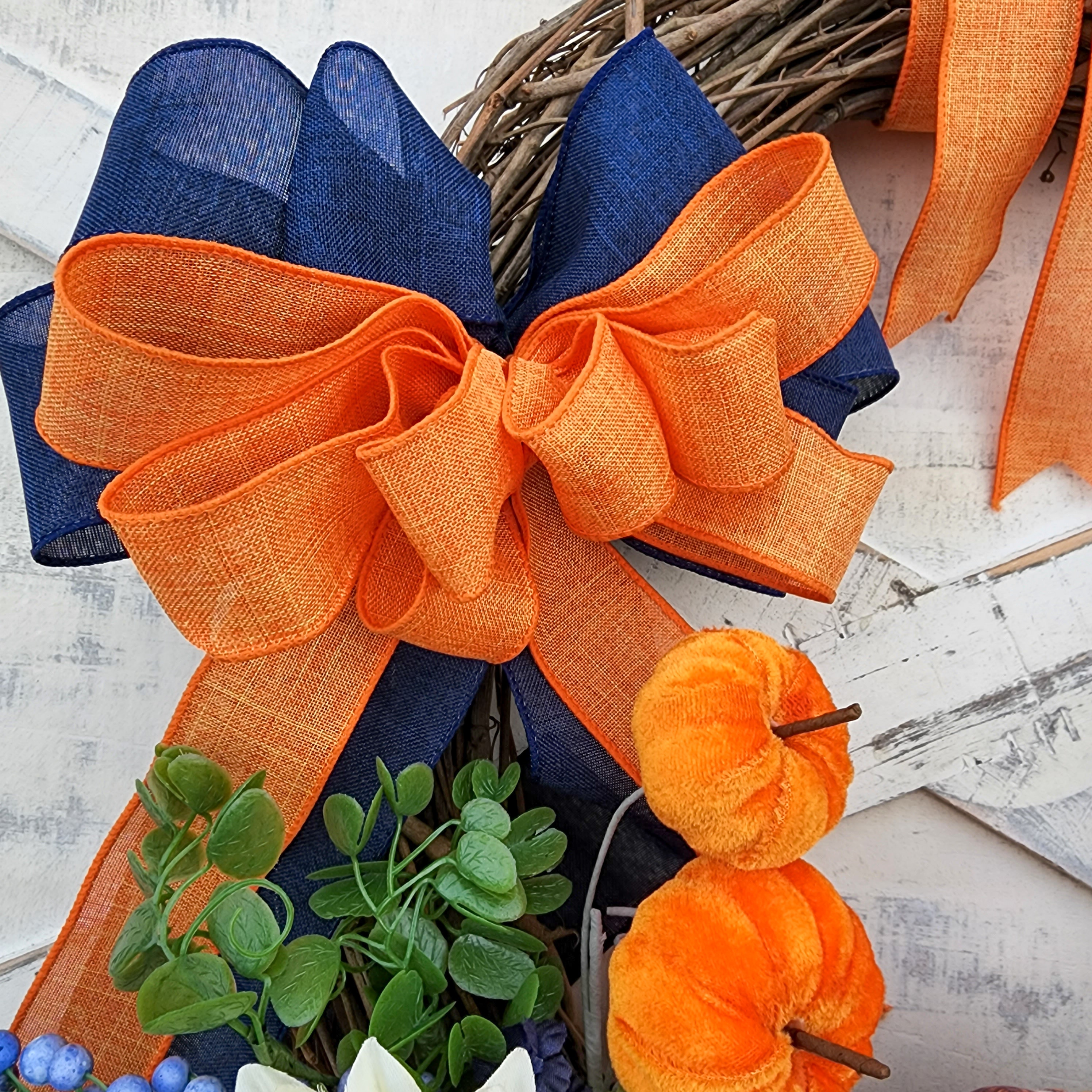 Navy Blue and Orange Wreaths for Front Door With Velvet Pumpkins and ...